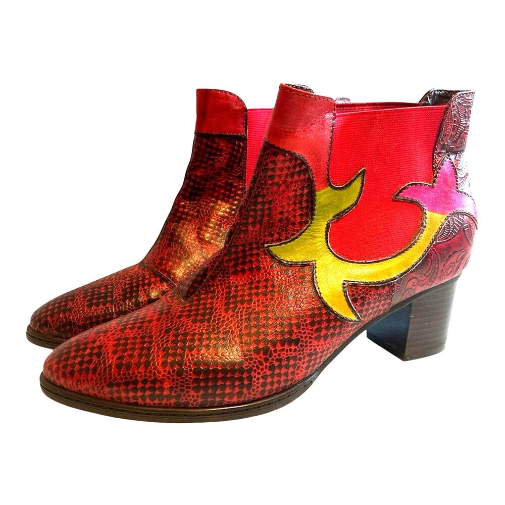 Socofy Womens Size 10.5 EU 41 Multicolor Leather Ankle Bootie Retro Art to Wear